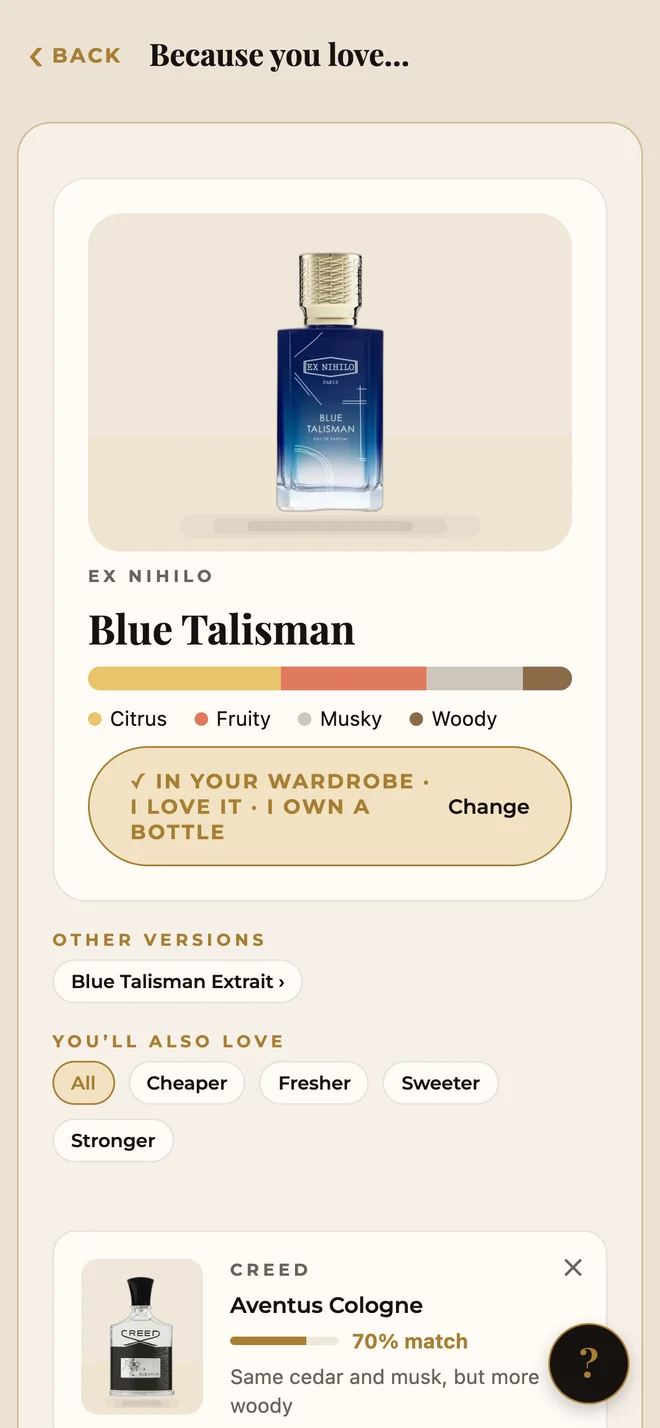 'Because you love Blue Talisman': its accords and similar scents with a match percentage