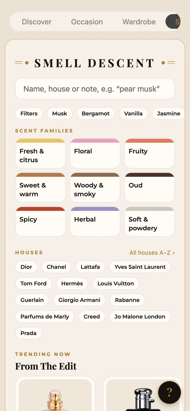 Search by name, house or note, with scent families and houses to browse